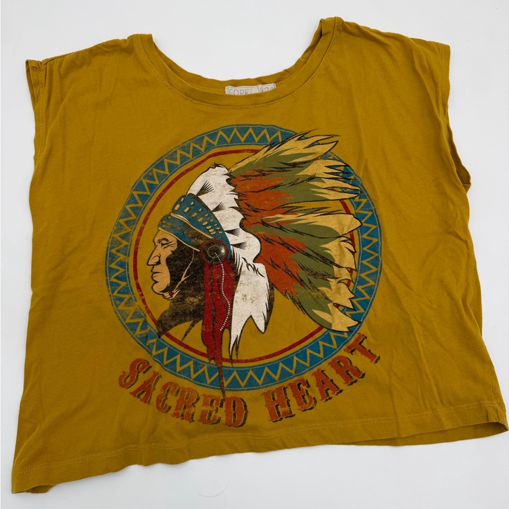 Forever 21 Mustard Graphic Crop Tee with Teal Accents